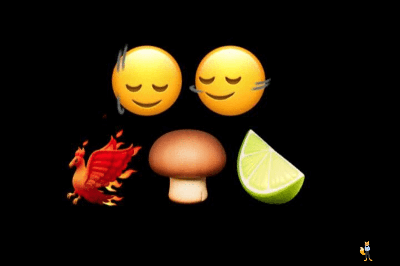 Die neuen Emojis des iOS 17.4 Updates sind nebeneinander, kopfschüttelnde Smileys, ein Phönix, eine Limette und ein brauner Pilz.
